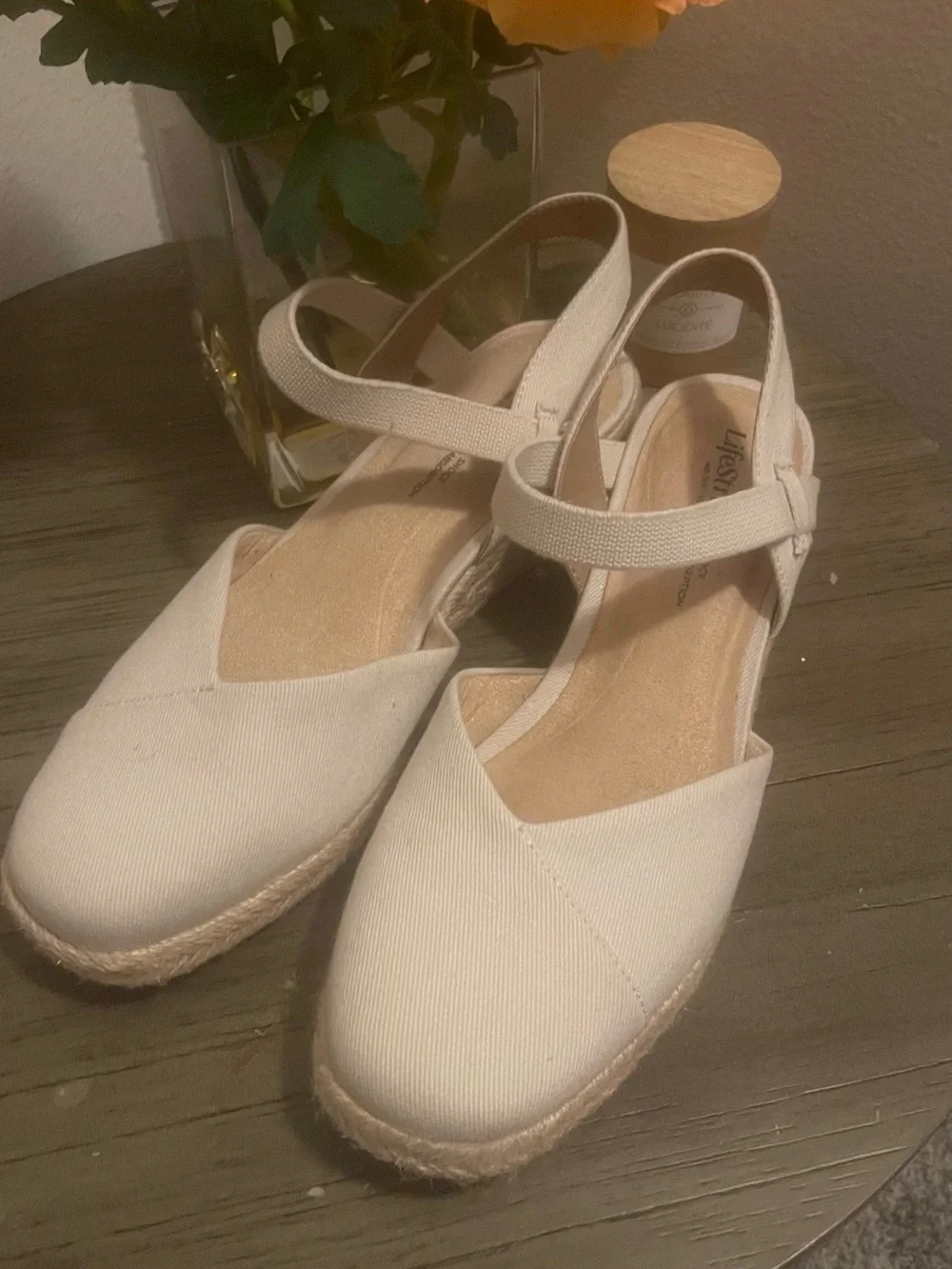 Life Stride Neutral Cream Espadrille Wedge Sandals with Ankle Strap